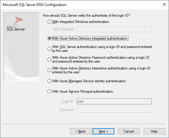 A interface de criação e edição da DSN com autenticação Microsoft Entra integrada selecionada.