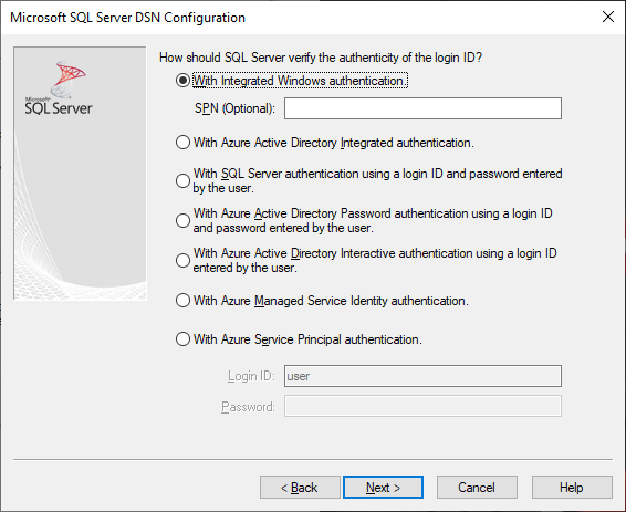 O ecrã de criação e edição da DSN com autenticação integrada do Windows selecionada.