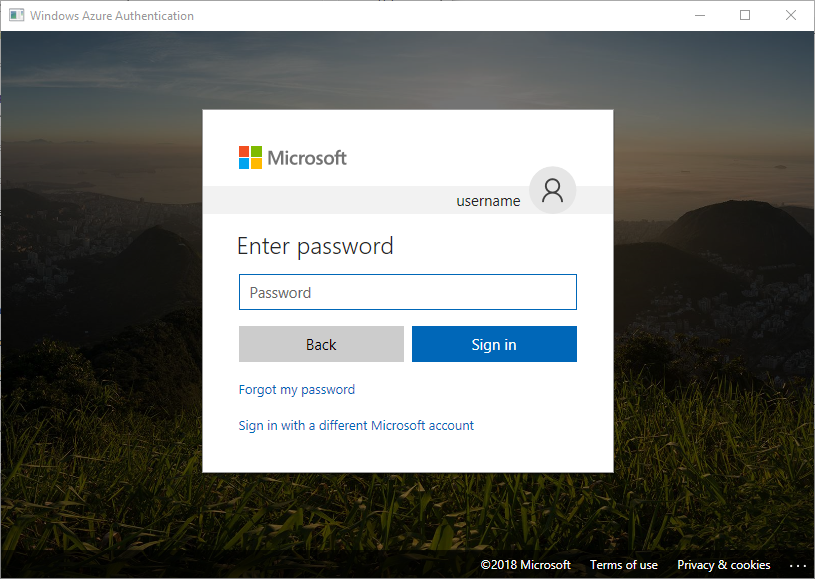 Interface de autenticação do Windows Azure ao utilizar autenticação interativa do Active Directory.