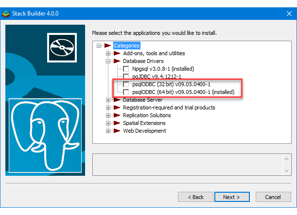 Captura de ecrã de Instalar PostgreSQL ODBC com Stack Builder.