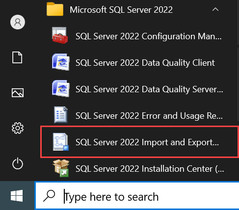 Captura de ecrã do menu Iniciar, onde pode encontrar o Assistente de Importação e Exportação.