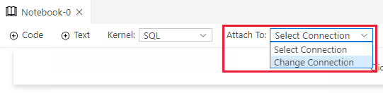Captura de ecrã de mudança de ligação no Visual Studio Code SQL Notebook.