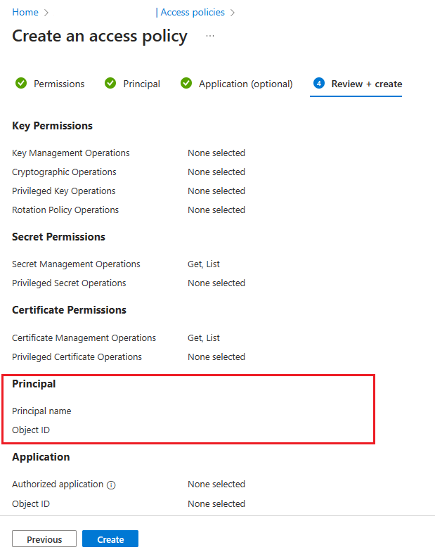 Captura de ecrã do portal do Azure para rever e criar a política de acesso.