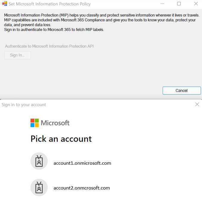 Captura de ecrã de autenticação para definir a Política de Proteção de Informação da Microsoft