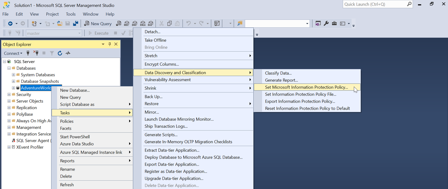 Captura de ecrã para definir a Política de Proteção de Informação da Microsoft no SSMS