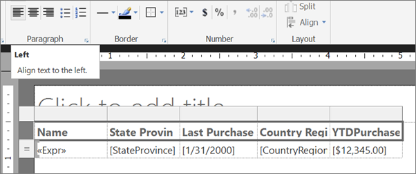 Captura de ecrã que mostra como formatar títulos no Report Builder.