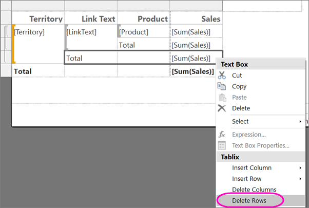 Captura de ecrã que mostra como eliminar linhas de um relatório Report Builder.