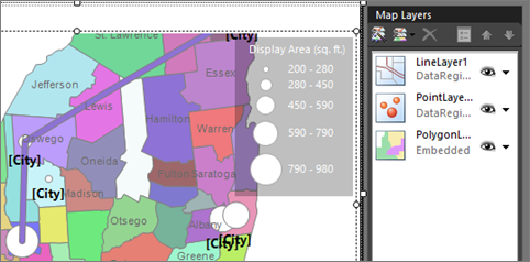 Captura de ecrã que mostra o mapa Report Builder com uma camada de linha.