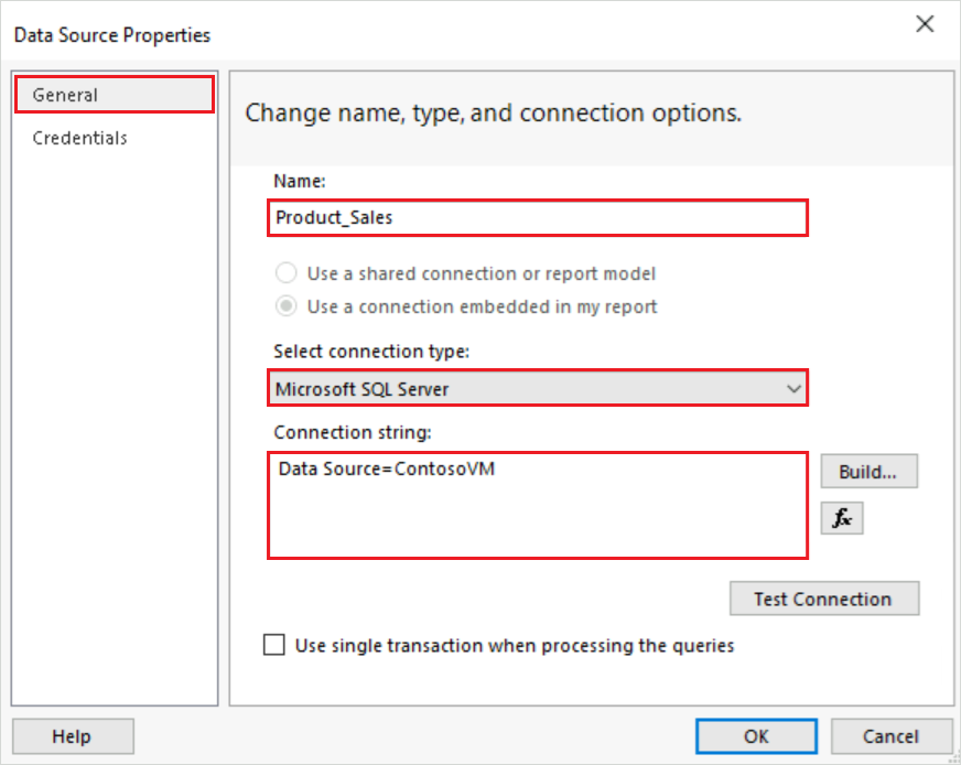 Captura de ecrã que mostra como configurar as opções gerais no diálogo de Propriedades da Fonte de Dados.