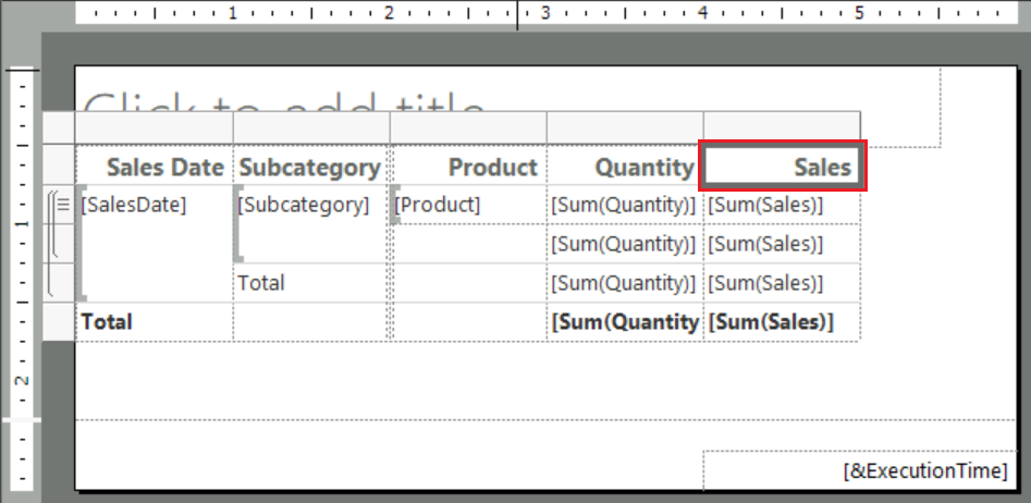 Captura de ecrã que mostra como selecionar o cabeçalho da coluna Vendas no relatório da tabela aberta em Report Builder.