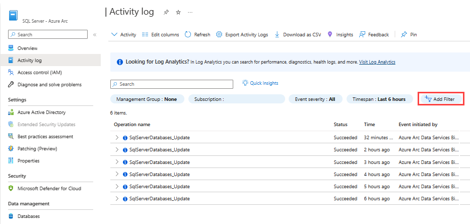Captura de tela de um log de atividades do SQL Server habilitado para Azure Arc e o botão para adicionar um filtro.