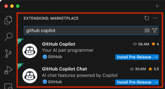 Captura de tela da extensão GitHub Copilot no Visual Studio Code.