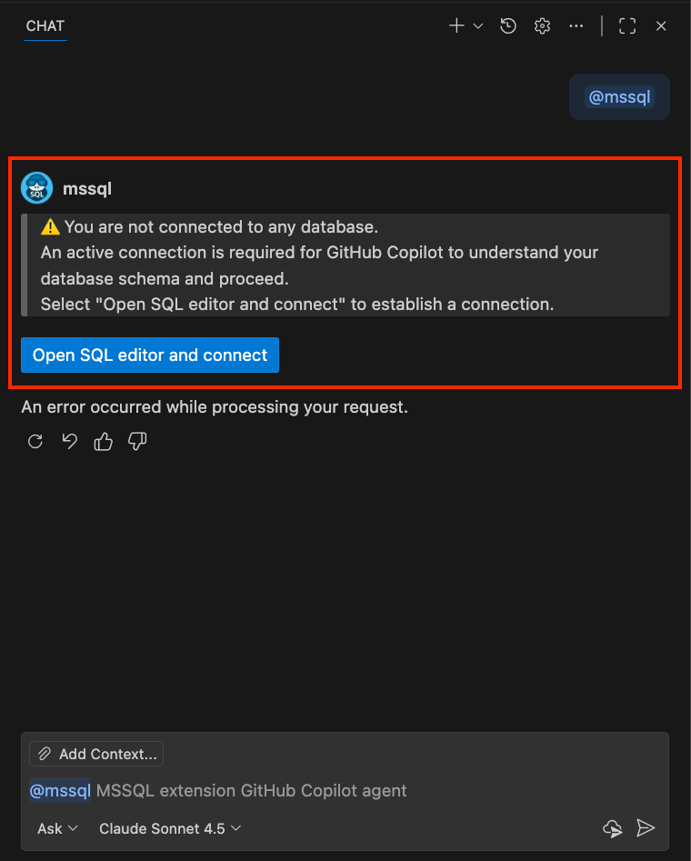 Captura de ecrã que mostra o participante do chat @mssql a detetar qualquer ligação à base de dados e a pedir ao utilizador para se ligar.
