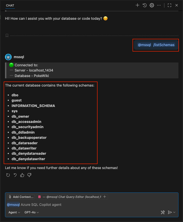 Captura de tela mostrando o uso do comando /listSchemas slash no chat do GitHub Copilot.