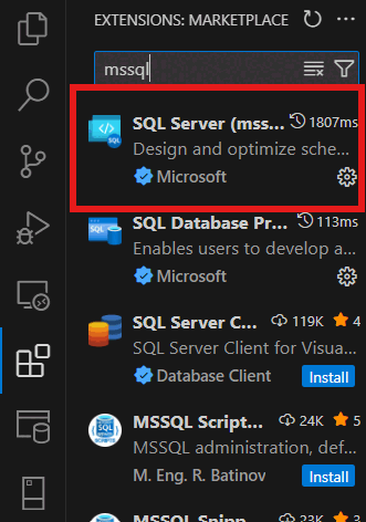 Captura de ecrã da instalação da extensão MSSQL para Visual Studio Code.