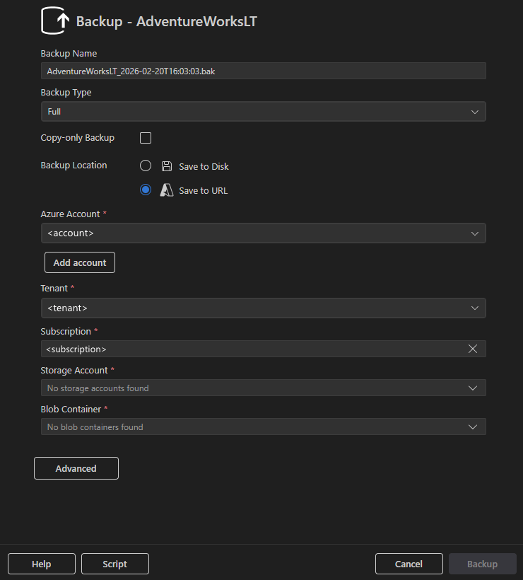 Captura de ecrã do diálogo Backup com Guardar para URL selecionado, mostrando campos de configuração Azure.