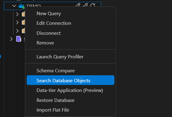 Captura de ecrã da opção Pesquisar Objetos da Base de Dados no menu contextual do Explorador de Objetos.