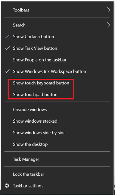 Captura de tela das configurações de toque.
