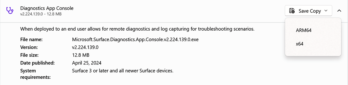 Captura de tela do download do Console do Aplicativo de Diagnóstico.