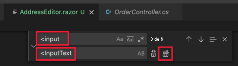 Captura de tela do Visual Studio Code e da caixa de diálogo de substituição de texto.