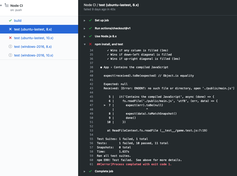 Captura de tela do log de ações do GitHub com detalhes sobre um teste com falha.
