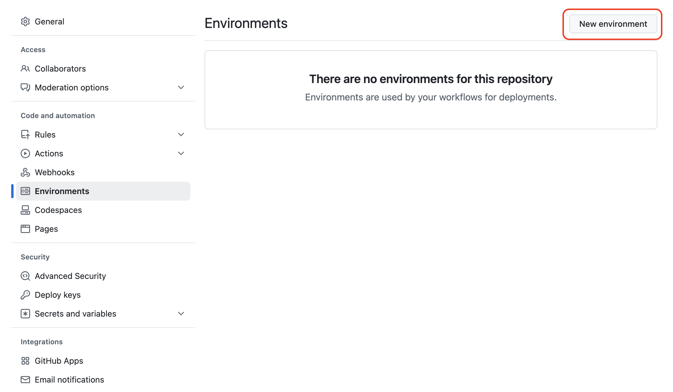 Captura de tela da página Configurações do repositório GitHub mostrando a seção Ambientes com uma mensagem indicando que não existem ambientes e um botão Novo ambiente realçado.