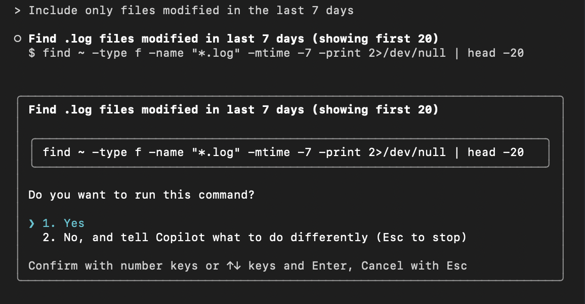 Captura de ecrã do Copilot CLI a aperfeiçoar uma sugestão com base na instrução de seguimento.