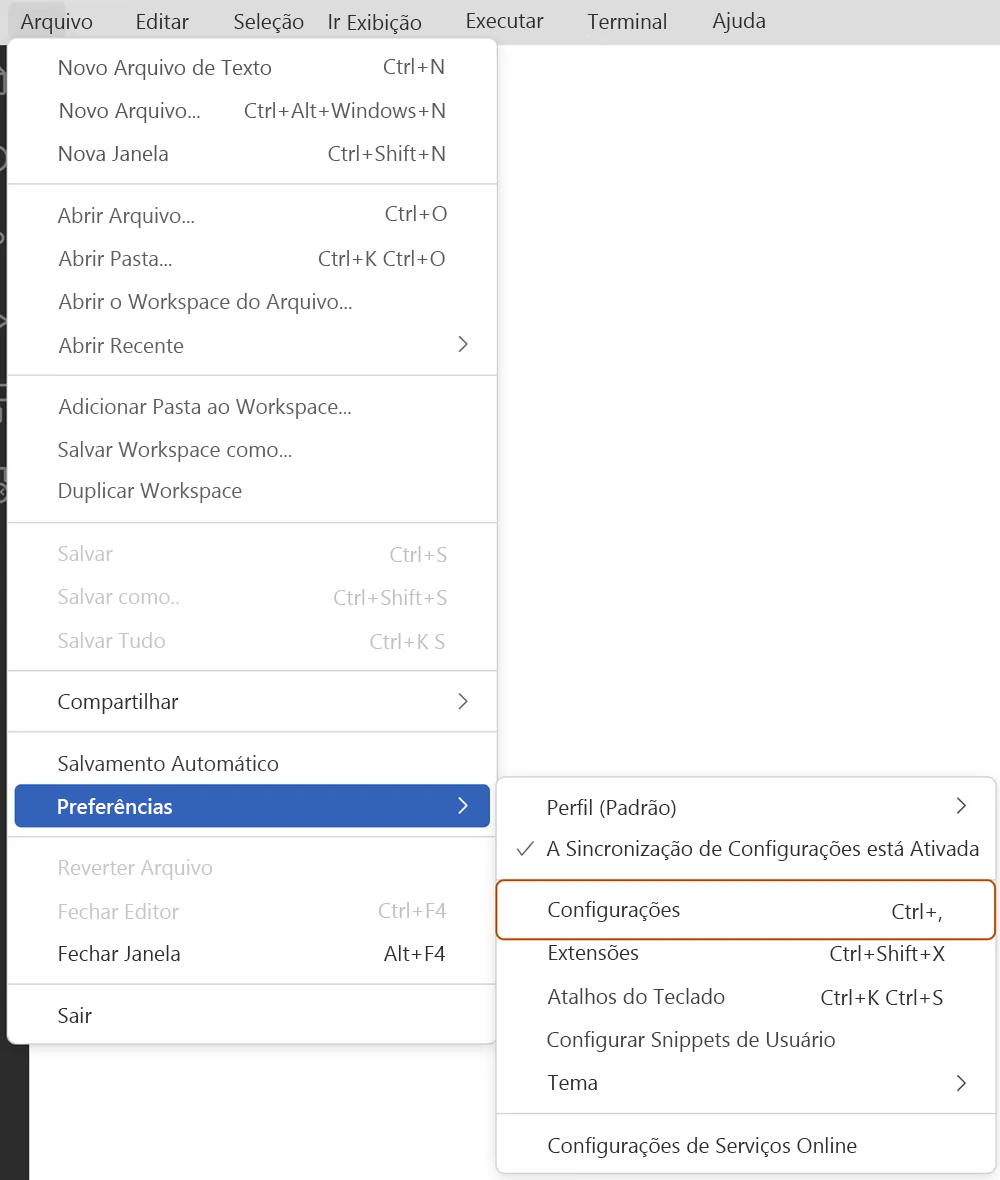 Captura de tela do menu Arquivo no Visual Studio Code. O submenu suspenso Preferências é aberto com o comando Configurações selecionado.