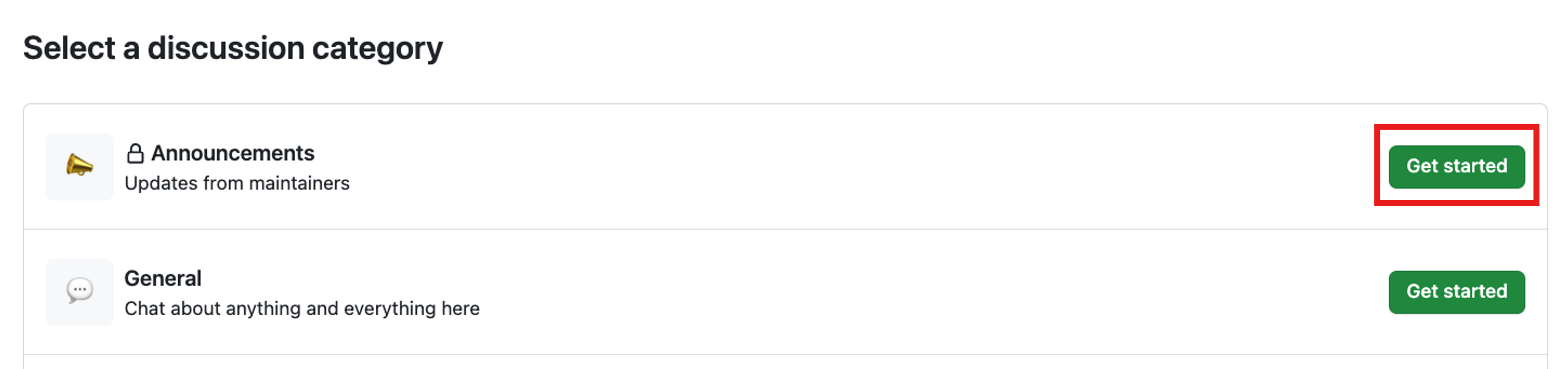 Uma captura de ecrã do menu de seleção de categoria de discussão, com a opção do topo Anúncios e o botão Começar realçados.