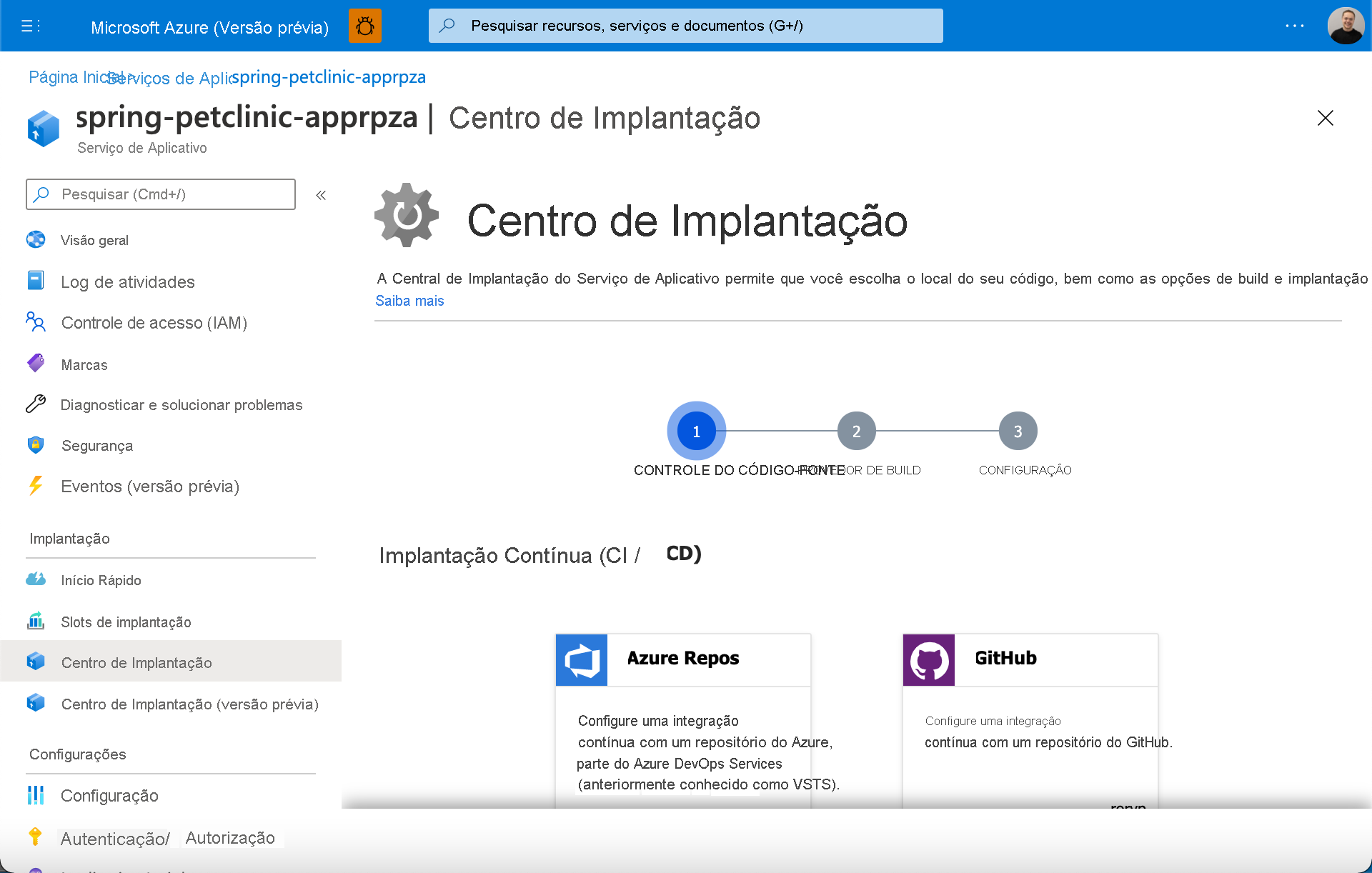 Captura de ecrã do Centro de Implementação do Serviço de Aplicações do Azure.