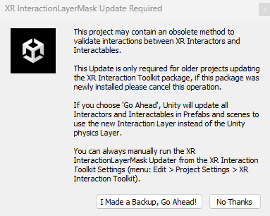 Captura de tela de métodos de atualização no XR InteractionLayerMask.