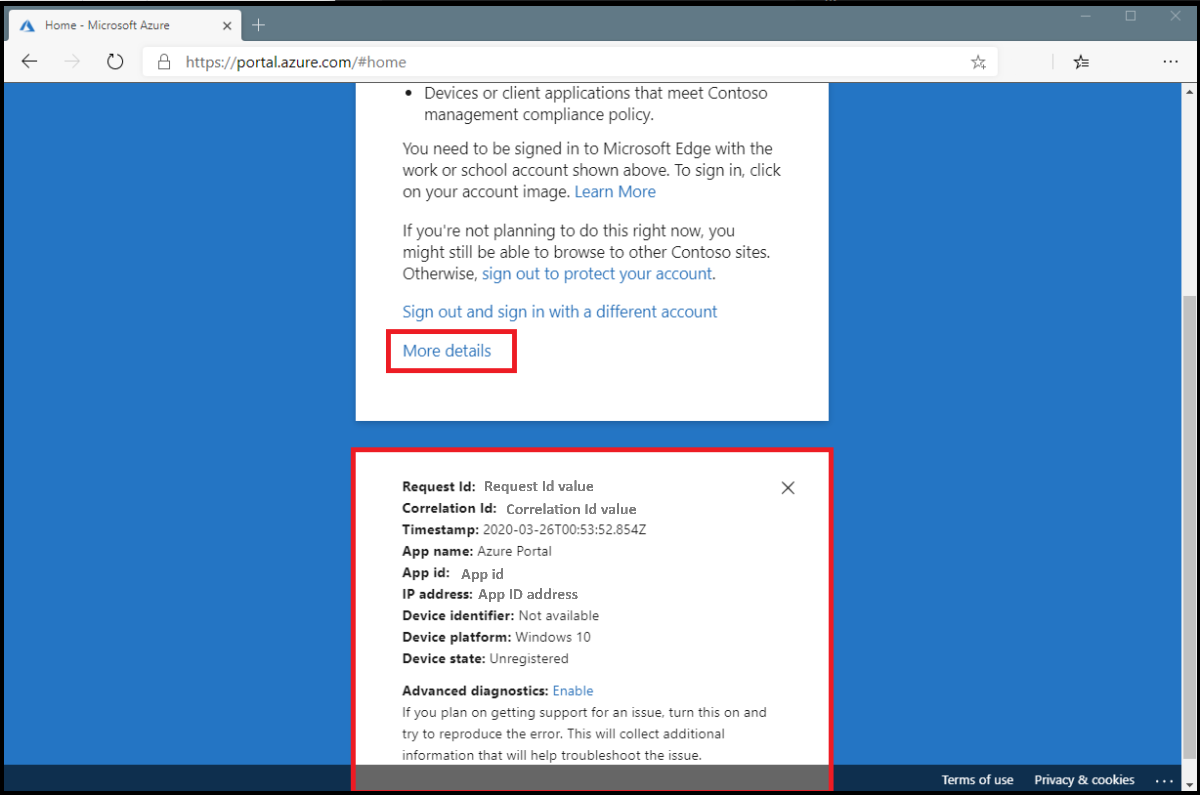 Captura de ecrã com mais detalhes do início de sessão no browser interrompido pelo Acesso Condicional.
