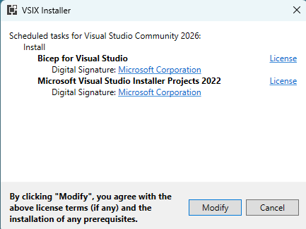 Captura de ecrã do diálogo do Instalador VSIX em Visual Studio.