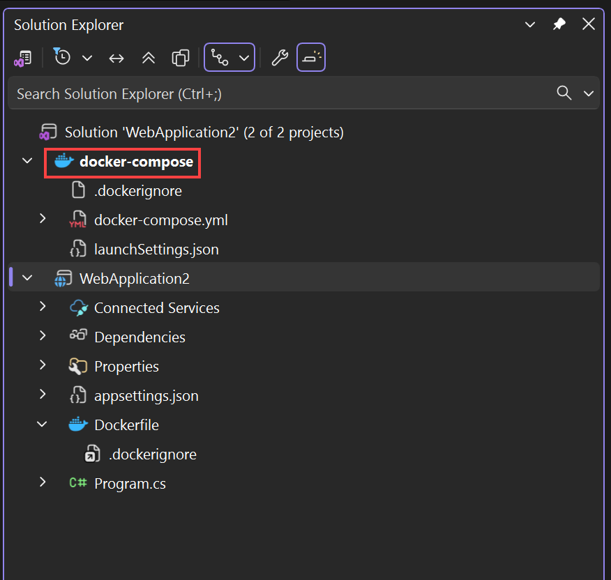 Captura de ecrã que mostra ficheiros Docker no Explorador de Soluções.