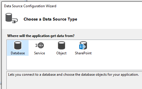 Captura de tela que mostra o Assistente de Configuração da Fonte de Dados no Visual Studio.