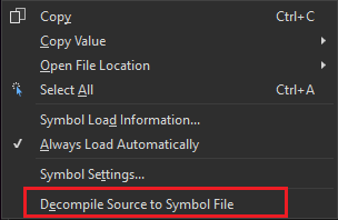 Captura de ecrã do menu de contexto da assemblagem na janela de módulos com o comando descompilar código-fonte.