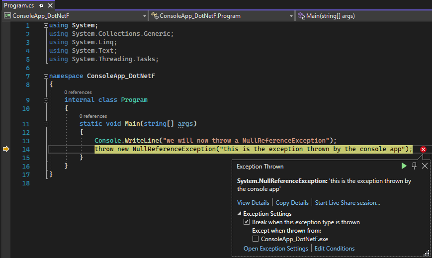 Captura de tela do projeto ThrowsNullException no Visual Studio, com realce da linha de código-fonte que lançou a exceção.