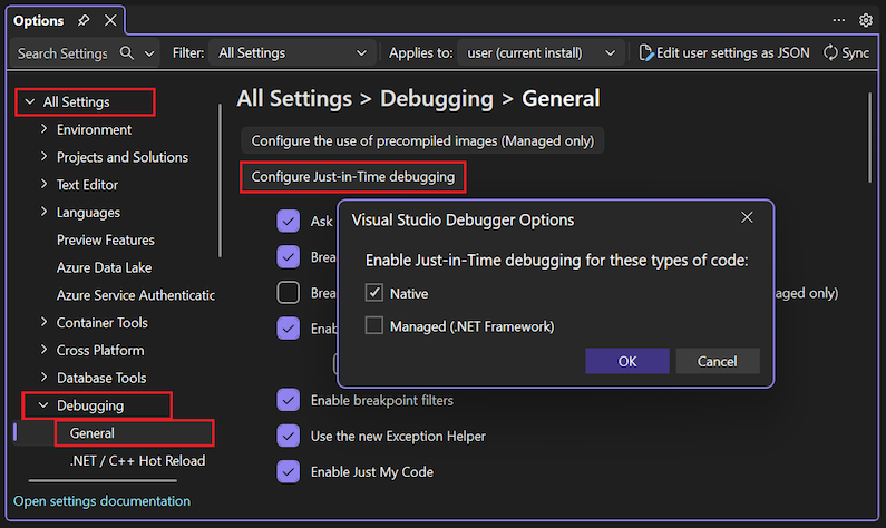 Captura de tela que mostra como configurar a depuração Just-In-Time no Visual Studio.