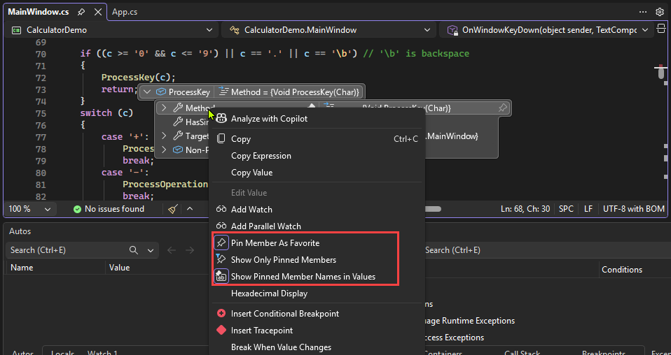  Captura de ecrã do menu de clique direito para membros numa dica de dados em Visual Studio.