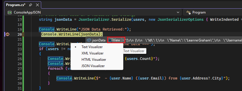 Captura de ecrã que mostra como abrir um Visualizador de Strings.