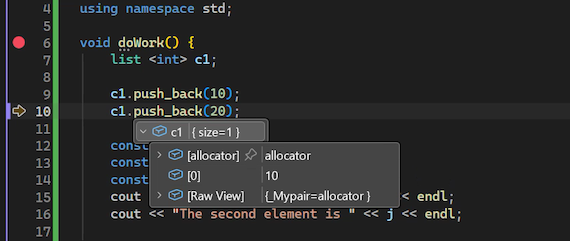 Captura de ecrã que mostra como ver descrições de dados para variáveis no código no depurador do Visual Studio.