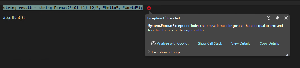 Captura de ecrã que mostra um System.FormatException.