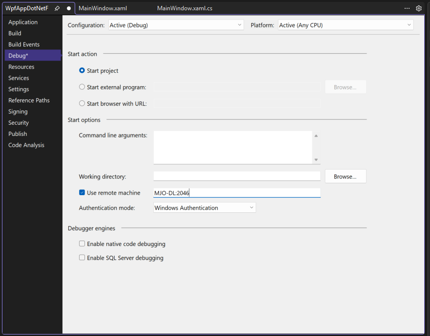Captura de ecrã do separador Debug nas Propriedades do Projeto do Visual Studio. A propriedade Usar máquina remota está definida para 'MJO-DL:4026'.