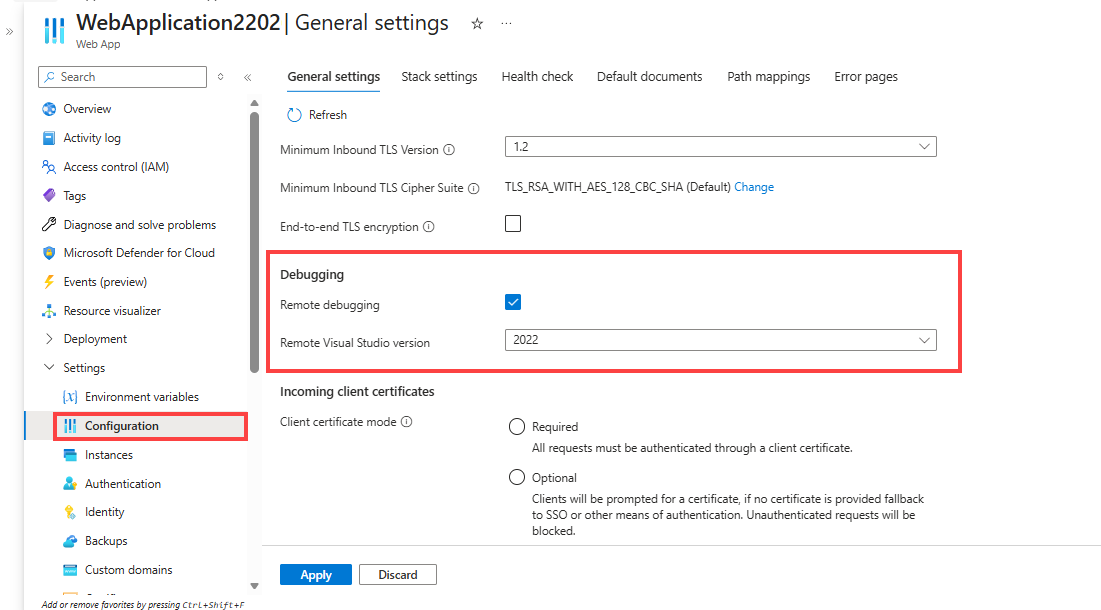 Captura de ecrã das definições de depuração remota do Azure.
