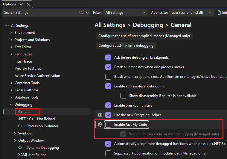 Uma captura de tela das configurações de depuração do Visual Studio.
