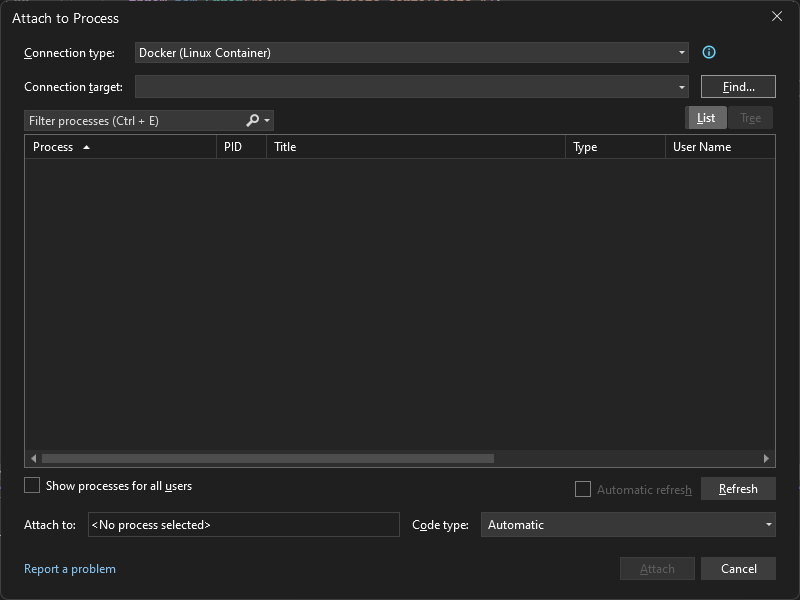 Captura de tela da caixa de diálogo Anexar ao processo no Visual Studio mostrando um tipo de conexão do Docker (contêiner Linux).