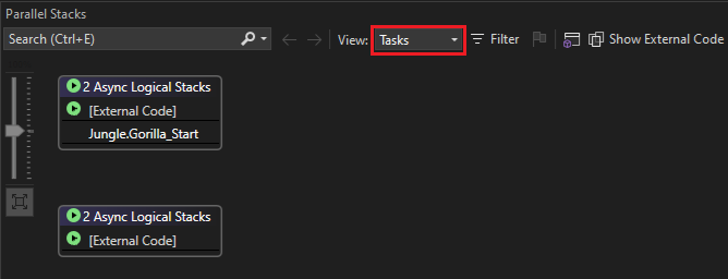 Captura de ecrã da visualização de Tarefas na janela Pilhas Paralelas.