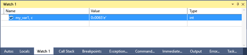 Captura de tela da janela Visual Studio Watch com uma linha selecionada que mostra my_var1.c com um valor de 101 'e' e um tipo de int.