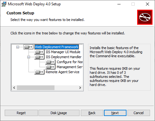Captura de tela mostrando os componentes do Web Deploy 4.0