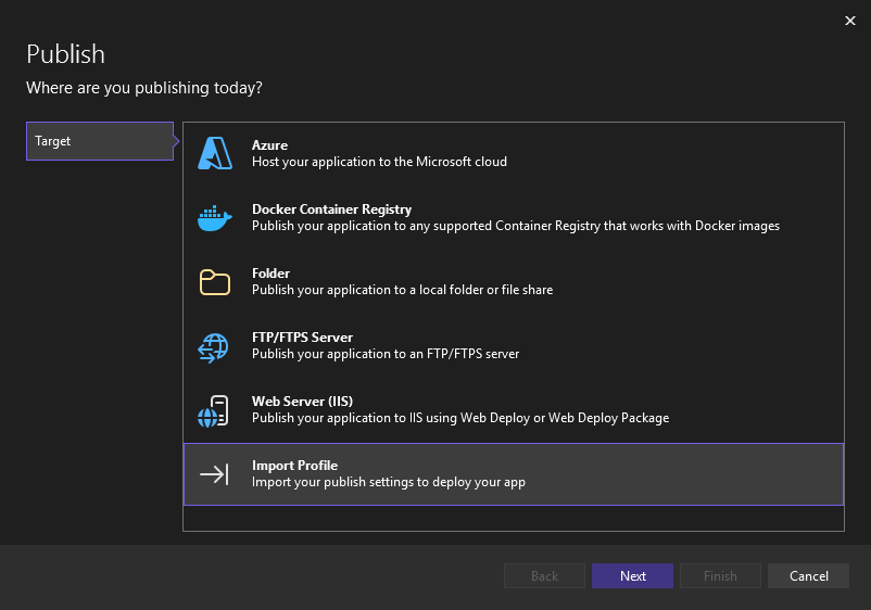Captura de ecrã da opção para importar as definições de publicação em Visual Studio.